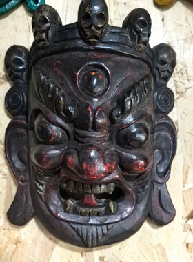 大黑天手工木雕面具黑色玛哈嘎拉本色脸谱摆件 家居工艺品