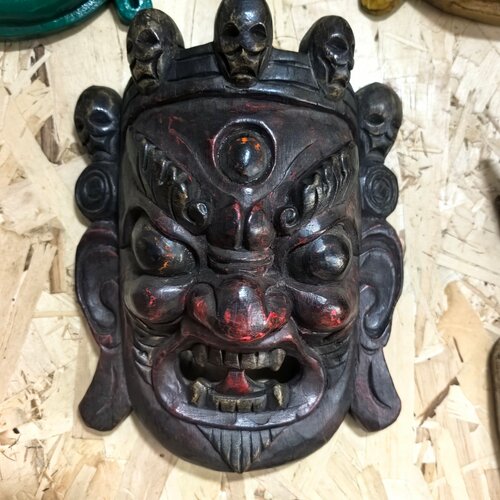 大黑天手工木雕面具黑色玛哈嘎拉本色脸谱摆件 家居工艺品