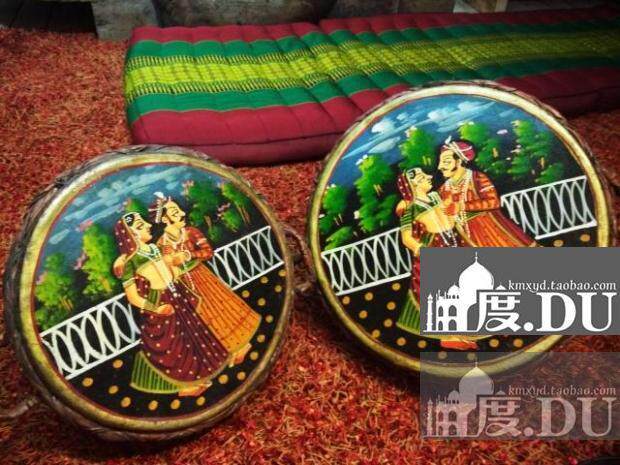 印度传统彩绘牛皮手鼓 莫卧尔风格手工编织鼓乐 民族风特色工艺品