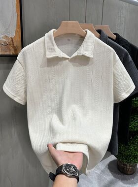 麦穗纹短袖t恤男款夏季美式重磅宽松休闲灰色体恤翻领polo衫男生