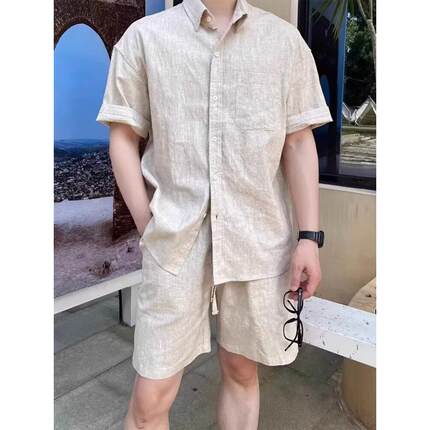 老钱风亚麻透气薄款短袖衬衫男士休闲套装夏日穿搭配短裤一整套装