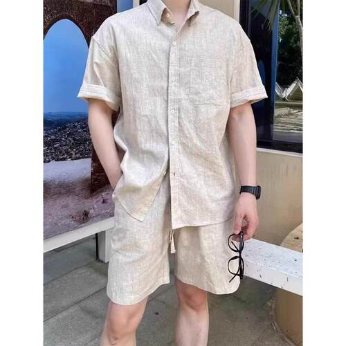 老钱风亚麻透气男士短袖短裤套装