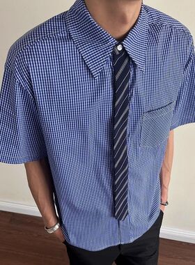 蓝色格纹假领带衬衫男女夏季短袖美式衬衣学院风情侣小众设计外套