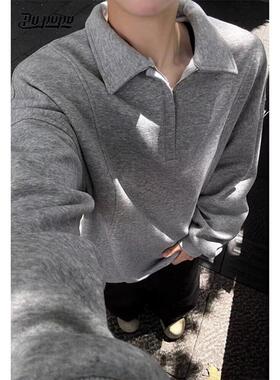 灰色百搭长袖polo衫男女2025秋冬新款美式街头痞帅纯色潮卫衣外套