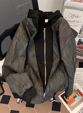 高级黑灰色纹理拉链连帽假两件皮夹克男款街头宽松百搭外套pu皮衣