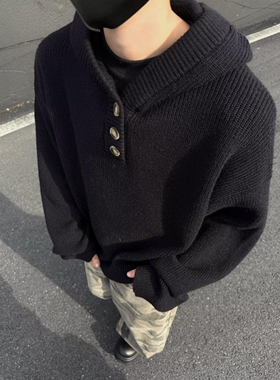 黑色简约连帽毛衣男女宽松纽扣半开衫套头保暖慵懒风针织衫长袖冬