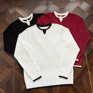 型休闲打底衫 圆领假两件设计撞色毛衣男女款 宽松版 情侣美式 针织衫