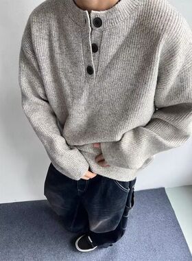 灰色美式复古亨利领毛衣男款冬季慵懒风高级感针织衫cleanfit外套