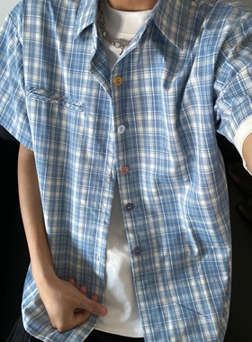 日系蓝色格子短袖衬衫男夏季潮牌citboy衬衣外套休闲宽松上衣ins