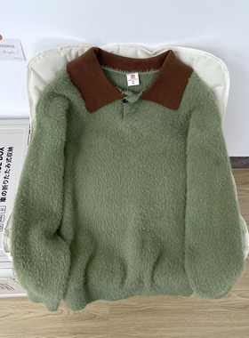 冬季日系复古撞色POLO领毛衣男生慵懒风软糯保暖针织衫绿色百搭款