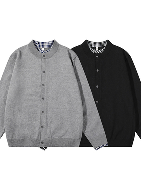 秋冬款男士灰色复古质感假两件针织开衫美式慵懒风休闲毛衣外套潮