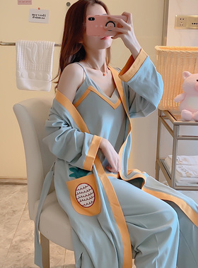 睡袍女春秋冬季纯棉长袖款性感甜美可爱少女全棉薄款睡衣三件套装