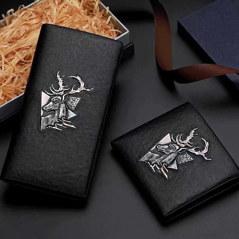 库奇世家鹿头纯牛皮钱包时尚长款真皮商务钱夹男竖款横款个性皮夹