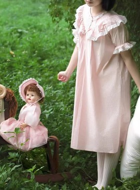 晚安诗-全棉古董感睡裙原创法式少女短袖中袖纯棉蓝色粉色家居服