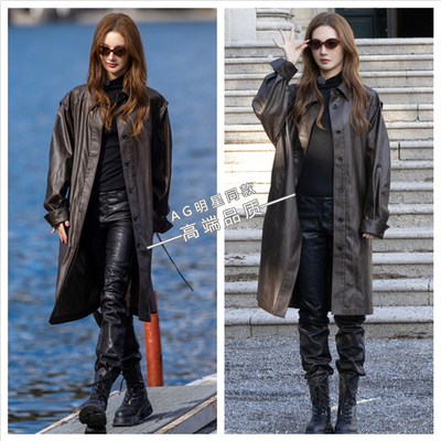 现在就出发3金晨同款黑色单排扣翻领pu皮衣中长风衣外套皮裤子女S