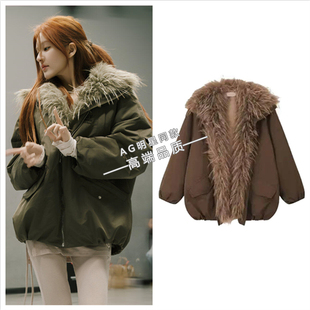 赵露思同款 棕色毛毛派克服大衣貉子毛拼接飞行员夹克外套2025冬季
