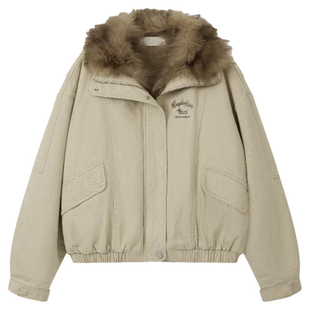 赵露思同款 卡其色大毛领派克服短外套翻领夹棉夹克棉衣棉服棉袄女