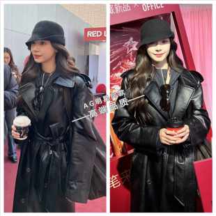 过膝系带收腰外套秋冬衣服女 领风衣长款 易梦玲同款 黑色Pu皮衣西装