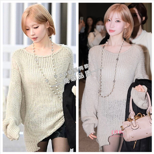 上衣S 镂空套头针织衫 asa榎并杏纱同款 米杏色不规则破洞毛衣落肩袖