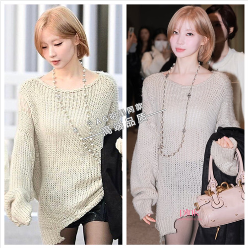 asa榎并杏纱同款米杏色不规则破洞毛衣落肩袖镂空套头针织衫上衣S