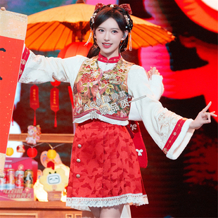 程潇春晚同款红色新中式马甲背心外套上衣马面裙短裙子套装女马年