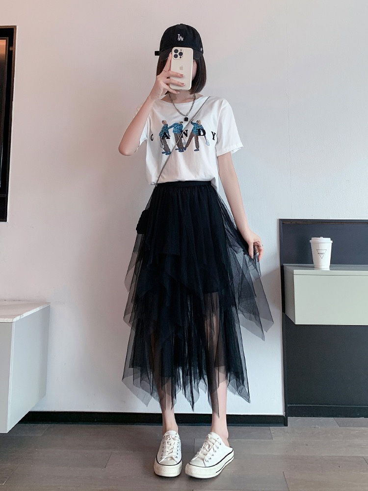 不规则纱裙女夏季高腰网纱a字蓬蓬蛋糕裙小个子显瘦仙女半身裙子