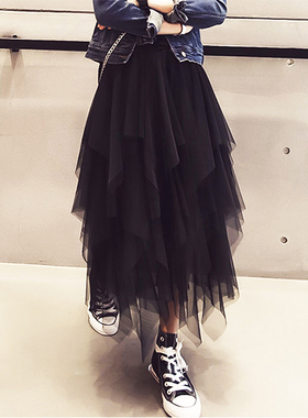 韩国26新款不规则高腰网纱蓬蓬裙中长款裙子黑色纱裙女半身裙春秋