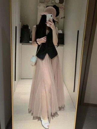 2026新款秋粉色a字纱裙高腰小众中长款网纱半身裙女超仙伞裙垂感