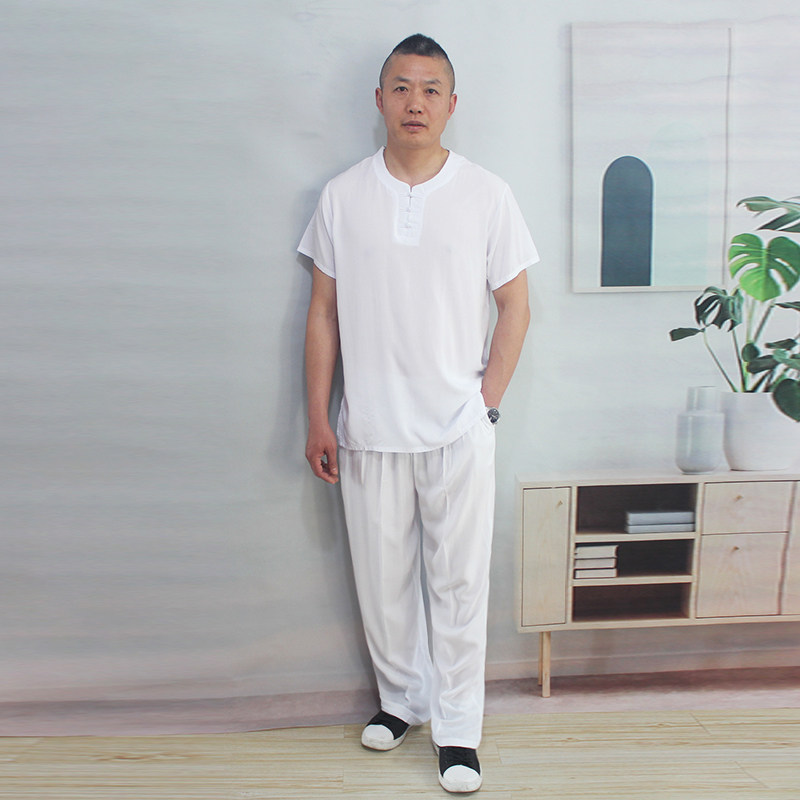 夏款中老年人造棉绸短袖T桖男士宽松家居服绵绸长裤睡衣爸爸套装