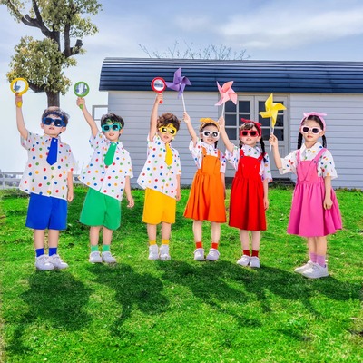 六一儿童节啦啦队演出服彩色圆点短袖小学生幼儿园毕业照表演服装