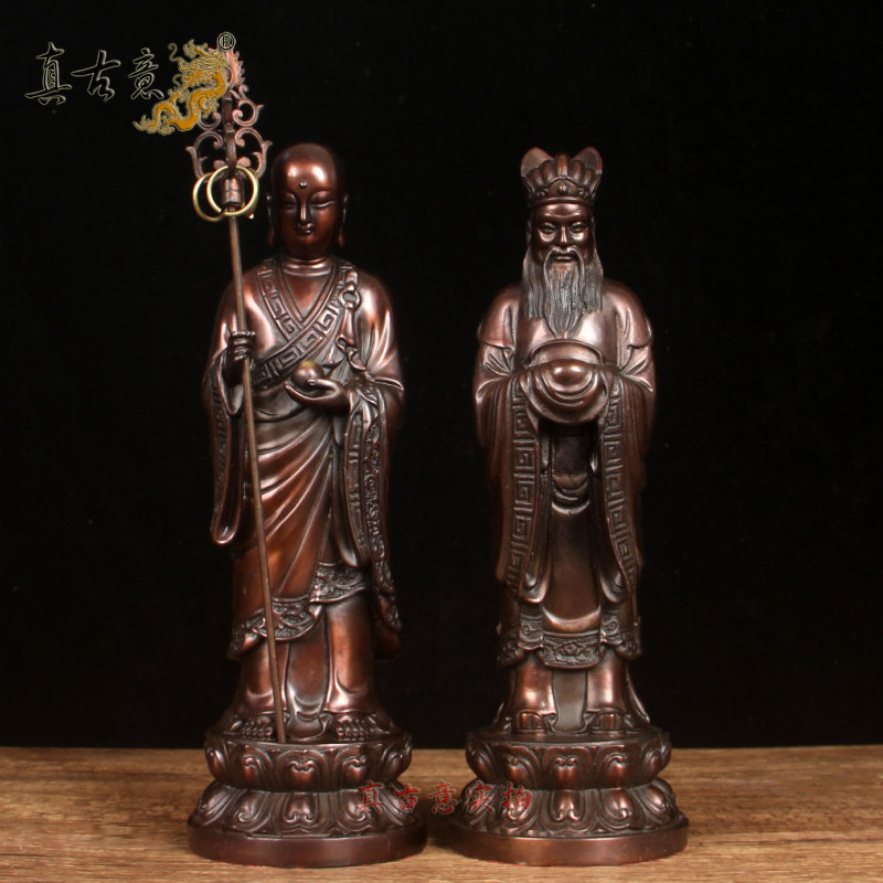 真古意  纯铜闵公道明像摆件  黄铜闵公道明地藏王左右护法工艺品