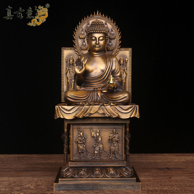 真古意  铜药师佛佛像摆件带日月光菩萨和12夜叉神将可转动工艺品