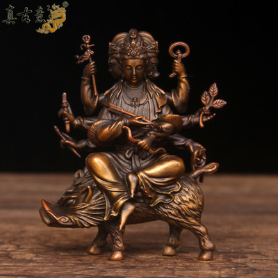 真古意  8厘米摩&利&支&天骑猪款菩萨 青铜做旧重约220克家居摆件