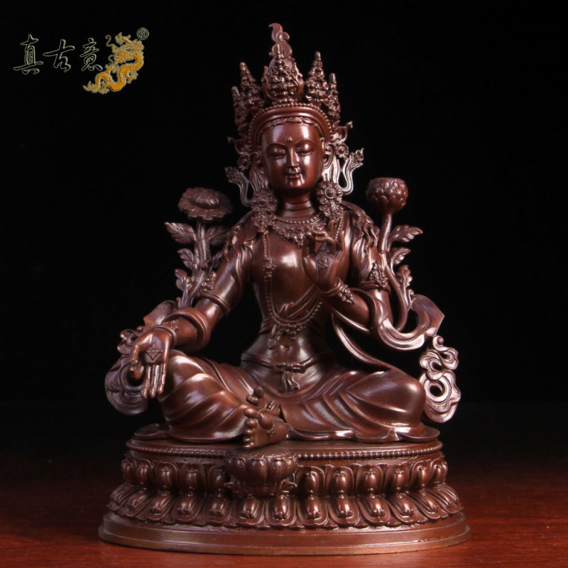 真古意 绿度母菩萨佛像摆件紫铜绿渡母像藏传佛堂家居随身佛工艺