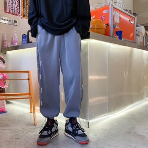 港风/21男青春反光腰果裤直筒/束脚一裤两穿长裤A2112,粉色和紫色的彩一带钩冒子怎么搭配图片