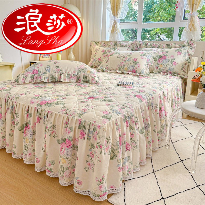 浪莎小清新公主风全棉夹棉床裙单件2025新款纯棉加厚床罩三四件套