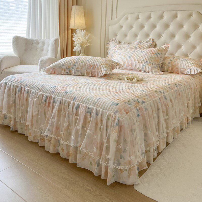 2025公主风蕾丝全棉夹棉床裙单件床笠二合一带花边床罩套三四件套