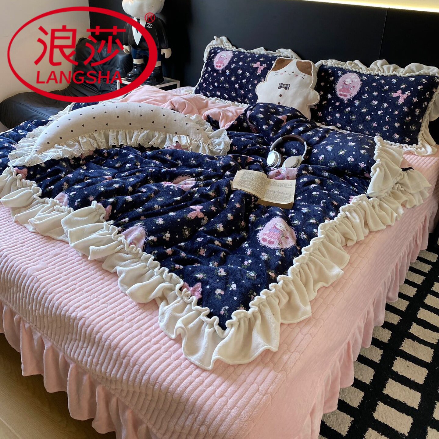 浪莎韩版公主风花边牛奶绒四件套床盖款冬季加厚珊瑚绒被套床单罩