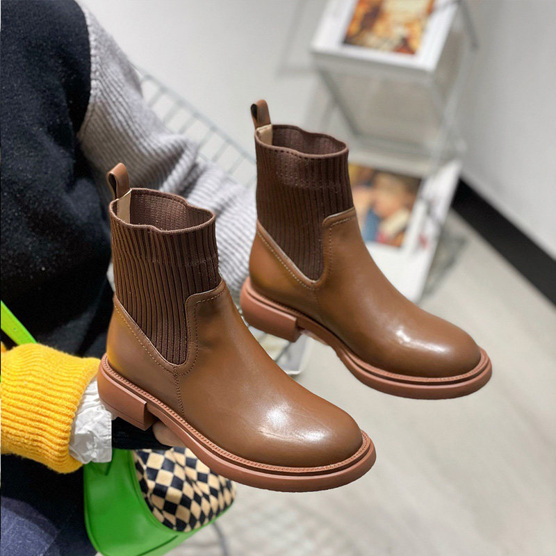 SPECIAL PRICE WOMENS SHOES ELASTIC BOOTS BOOTIES ROUND TOE THICK SOLES GENUINE LEATHER FASHIONABLE AND VERSATILE BRITISH STYLE SOLID COLOR SLEEVE BOOTS COMMUTING