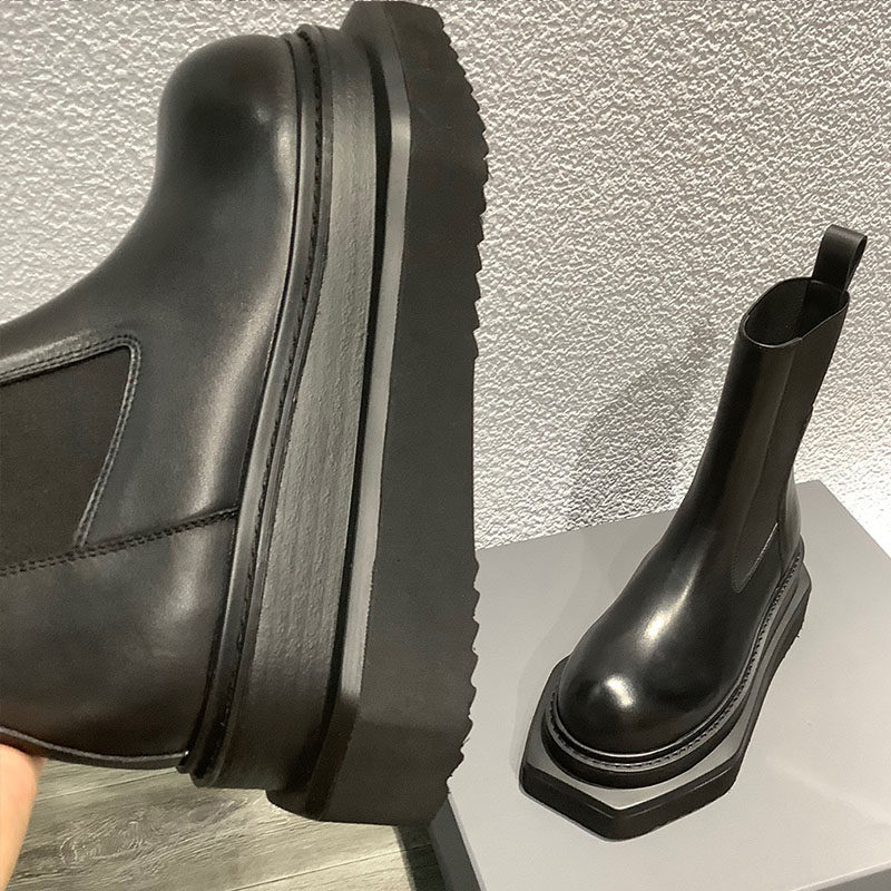 WOMENS SHOES NICHE LEATHER CHELSEA BOOTS EUROPE AND THE UNITED STATES THICK-SOLED INCREASED SLEEVE MARTIN BOOTS BLACK HIGH-HEELED MUFFIN BOTTOM BOOTS