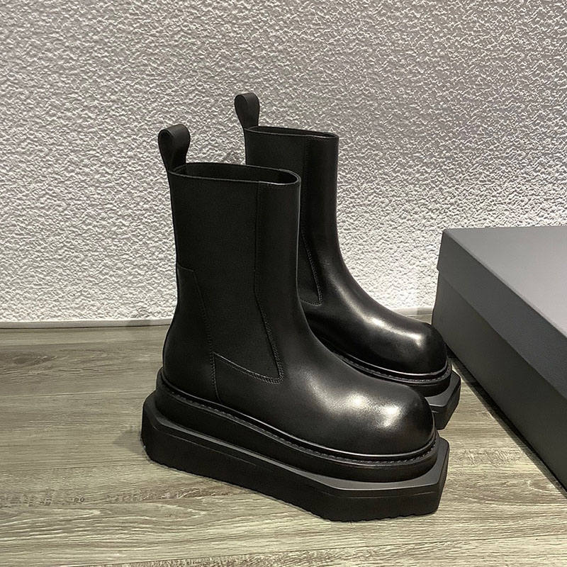 WOMENS SHOES NICHE LEATHER CHELSEA BOOTS EUROPE AND THE UNITED STATES THICK-SOLED INCREASED SLEEVE MARTIN BOOTS BLACK HIGH-HEELED MUFFIN BOTTOM BOOTS