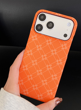 适用苹果iPhone17/16/15/14/13手机壳橙色菱形纹理PC硬壳防摔保护套磁吸