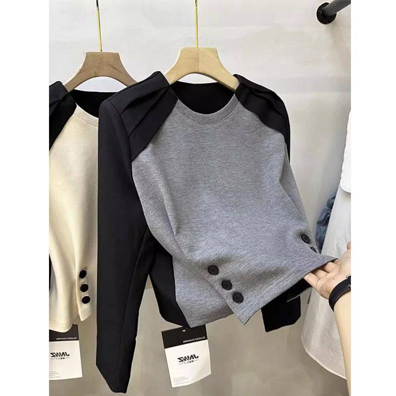 韩版百搭纽扣叠褶设计长袖T恤衫上衣女松弛宽松拼色洋气套头卫衣,女装/女士精品,T恤,淘宝优惠券,粉丝福利购,淘宝优惠卷