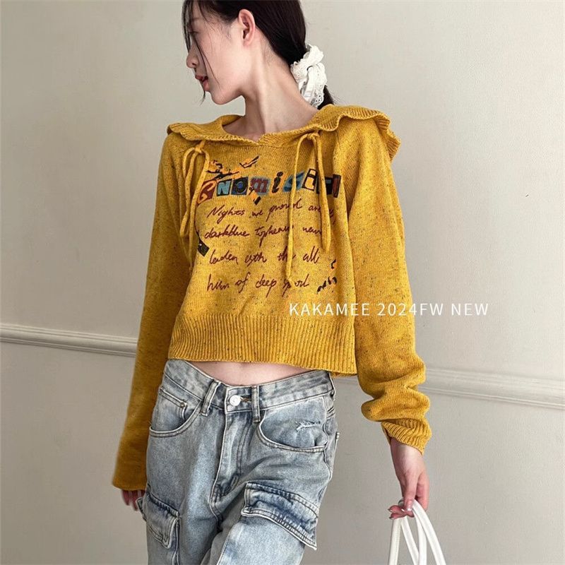 温柔风字母印花减龄甜美连帽毛衣女韩版小个子短款连帽针织衫上衣