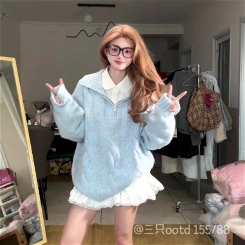 温柔风高端纯色百搭针织衫上衣韩版超好看甜美麻花半开领套头毛衣