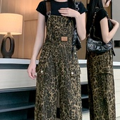 女宽松设计感小众外穿直筒长裤 复古高街豹纹牛仔背带裤 潮 美式 新款