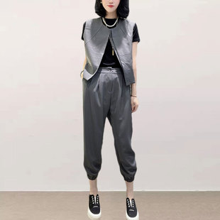 新款 韩版 女夏季 小个子两件套 炸街灰色套装 百搭马甲高腰显瘦束脚裤