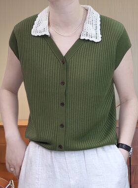 夏季韩系墨绿短袖针织开衫显瘦