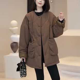 韩版慵懒风宽松显瘦中长款棉服外套女胖mm大口袋设计纯色时尚棉衣
