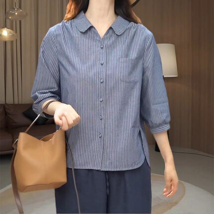 日常通勤妈妈装翻领条纹衬衫女夏季宽松显瘦时尚单排扣大码上衣韩